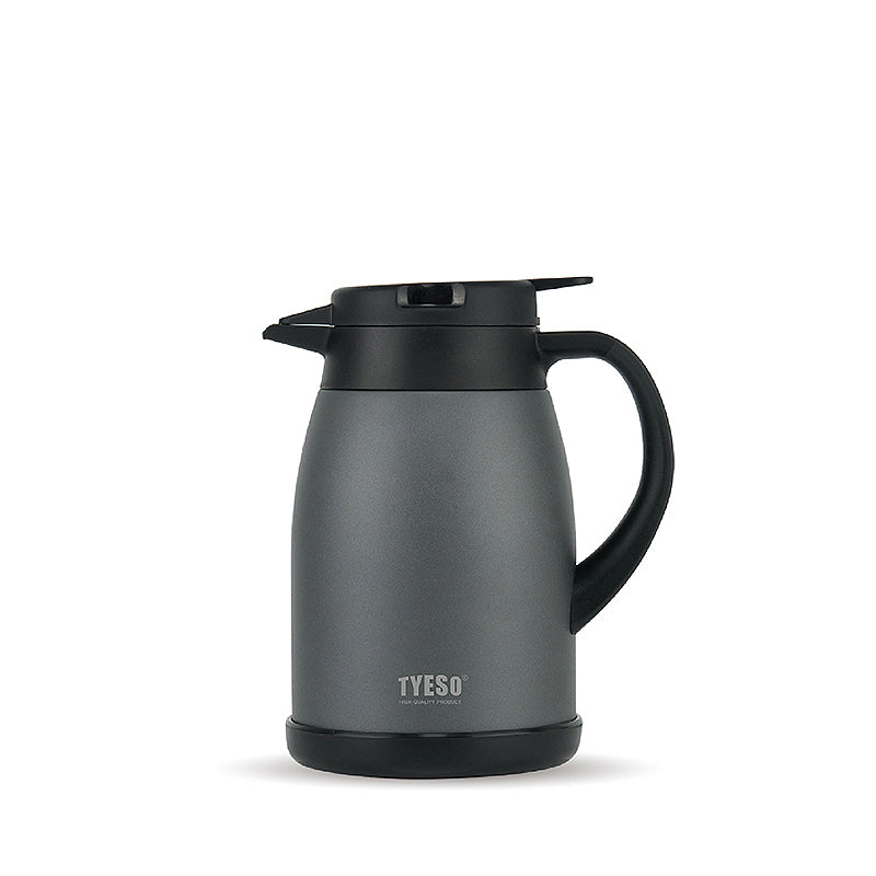 Insulated dark gray carafe with black lid and handle; TYESO logo on front