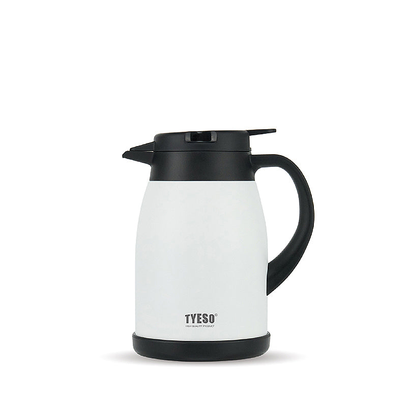 Insulated white carafe with black lid and handle; TYESO logo on front