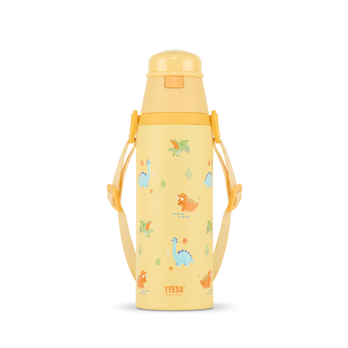 Kids water bottle with yellow lid, pale yellow body, dinosaur and tree print, carry straps
