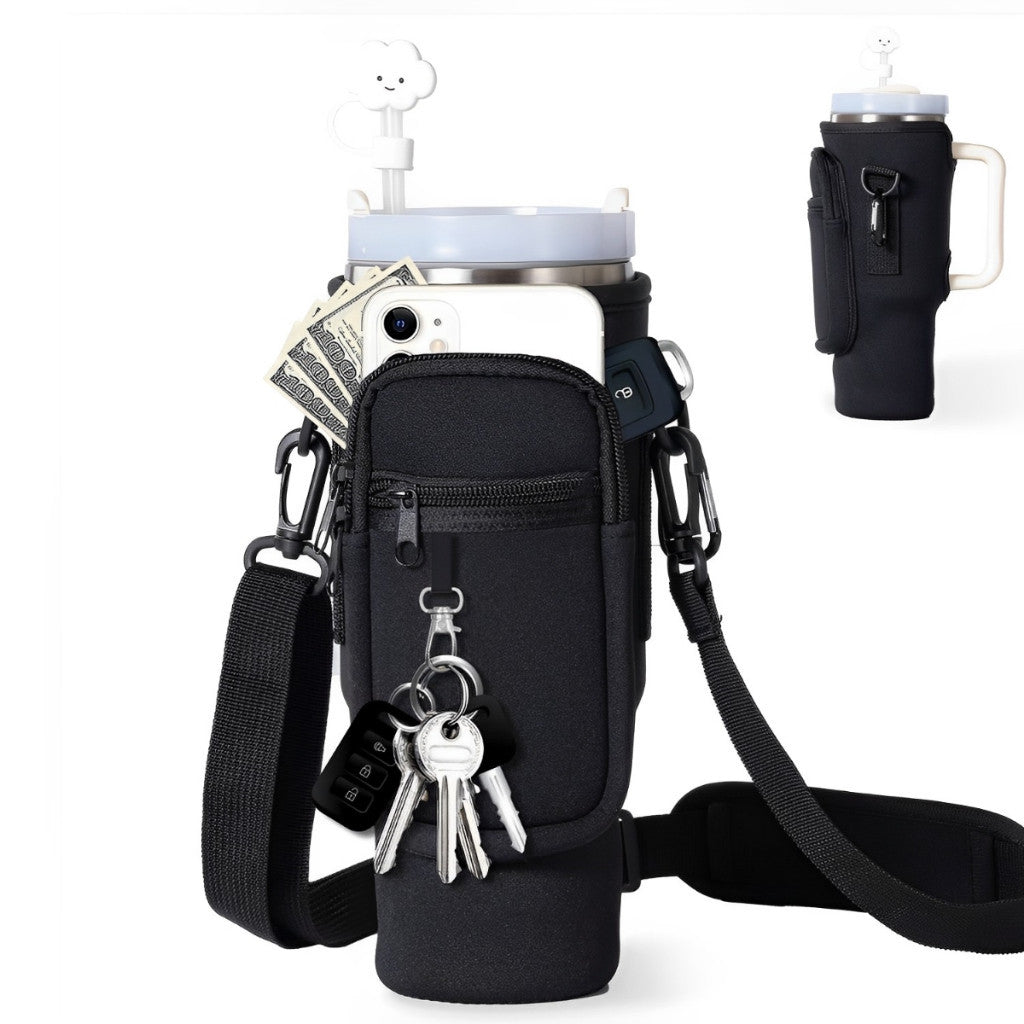 Black tumbler sleeve with front zipper pocket, keyring, and shoulder strap