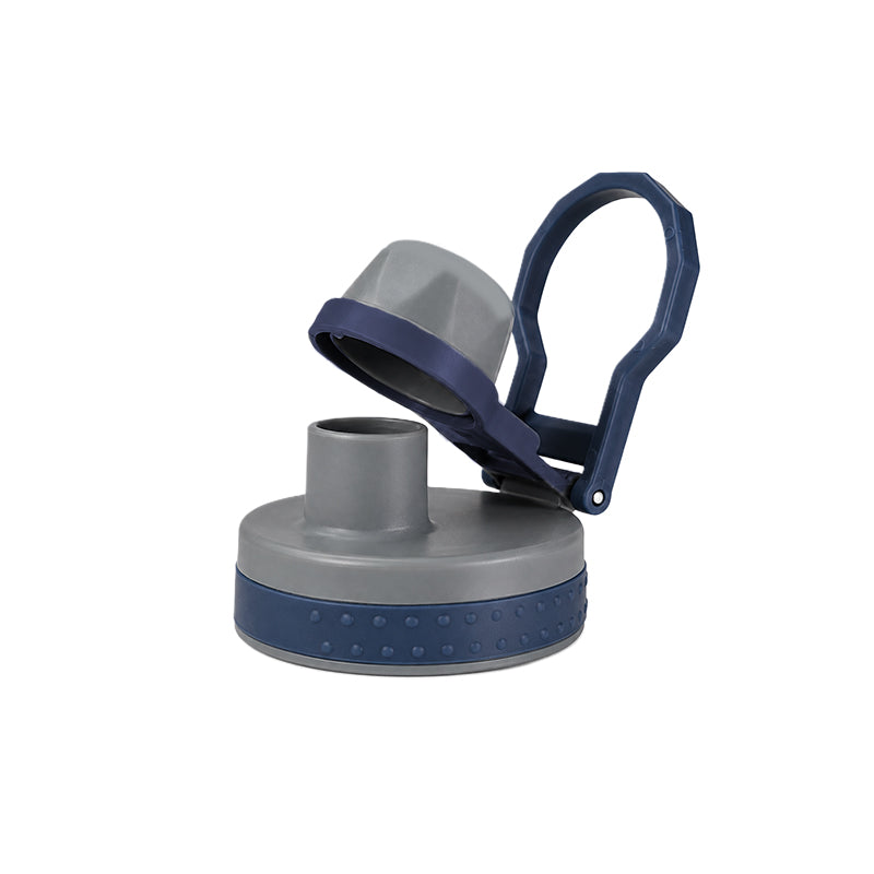 Blue and gray chug lid with carry handle and spout cover