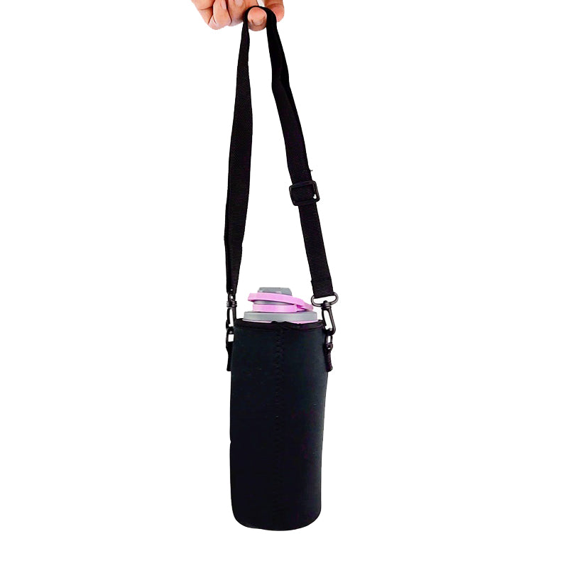 Black bottle sleeve with crossbody strap, adjustable buckle, and shoulder carry loop