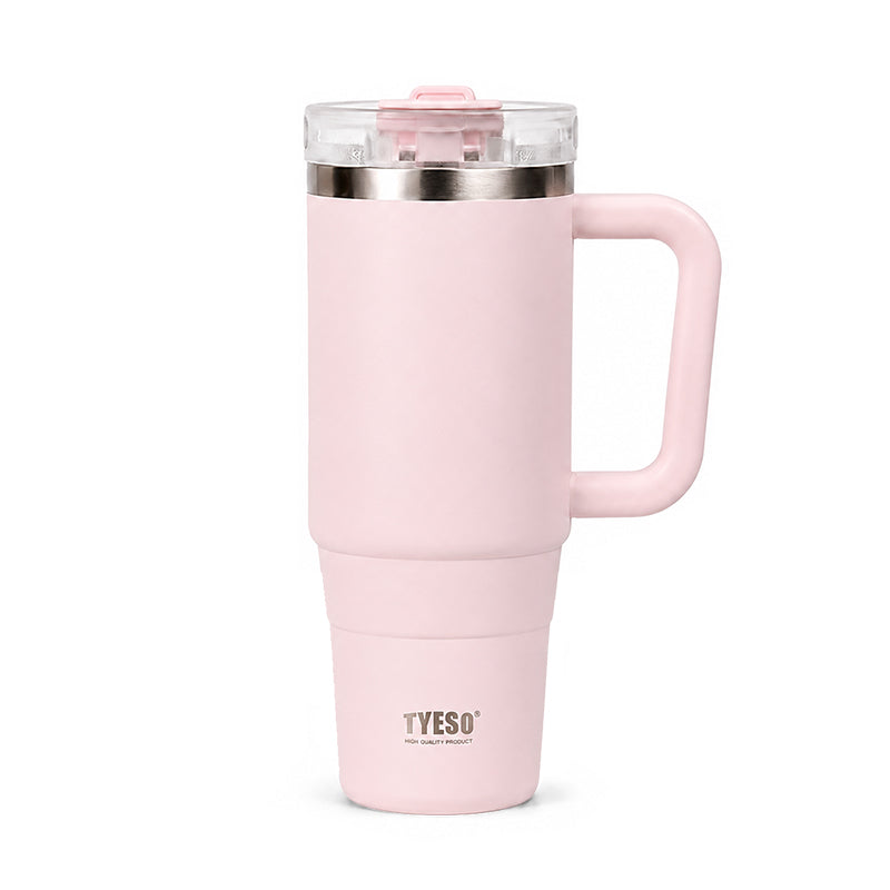 Ceramic tumbler with handle, TYESO logo, clear lid and metal rim, blush pink