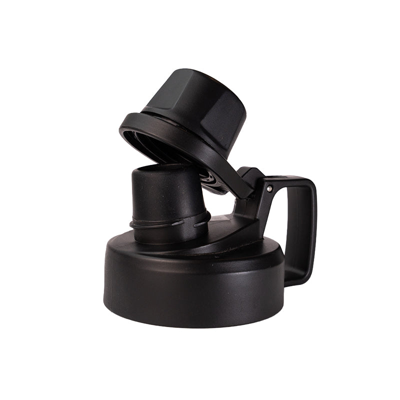 Large twist chug lid in black, hinged cap and side handle in open position