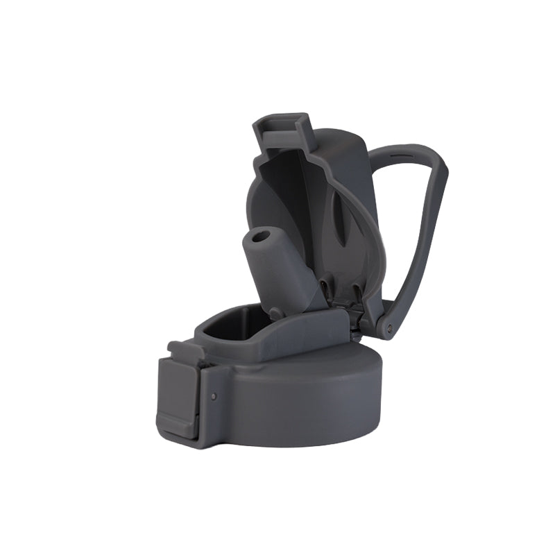 Large flip straw lid with hinged spout, dark charcoal finish.