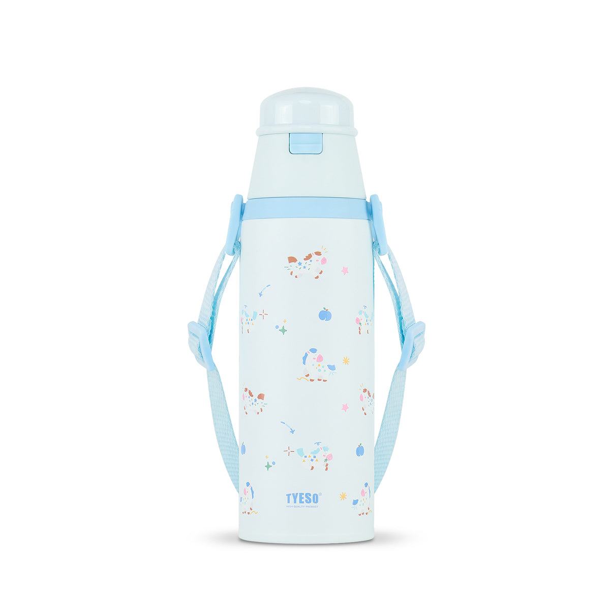Kids water bottle with light blue lid, white body, colorful animal pattern, carry straps