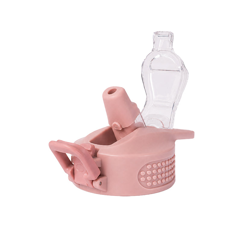 Pink flip straw lid with clear bottle straw and circular dotted grip panel